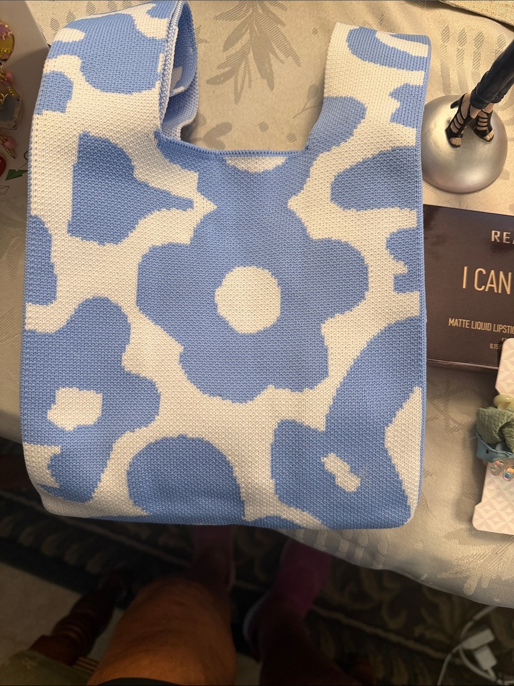 RealHer Blue and White Floral Knit Tote - Picture 7 of 7